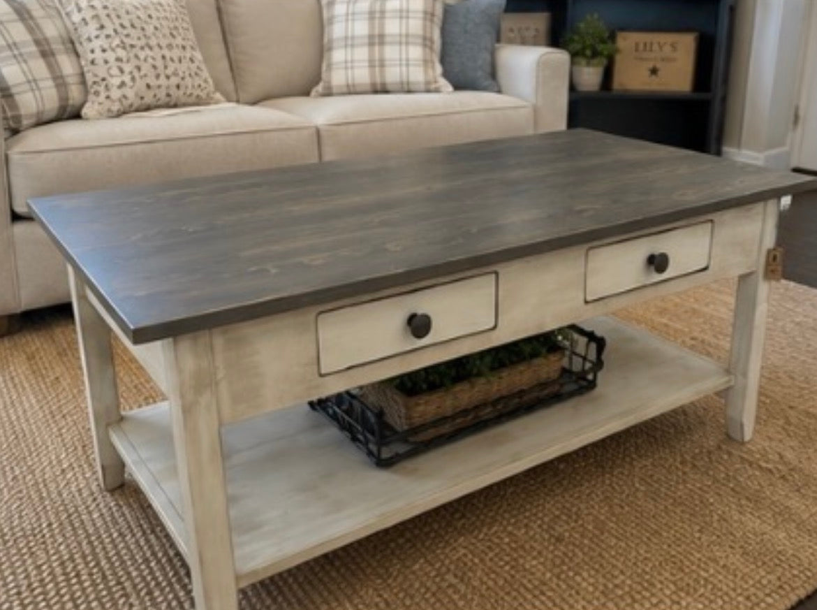 Amish-Made Coffee Table – Antique White with Antique Slate Top