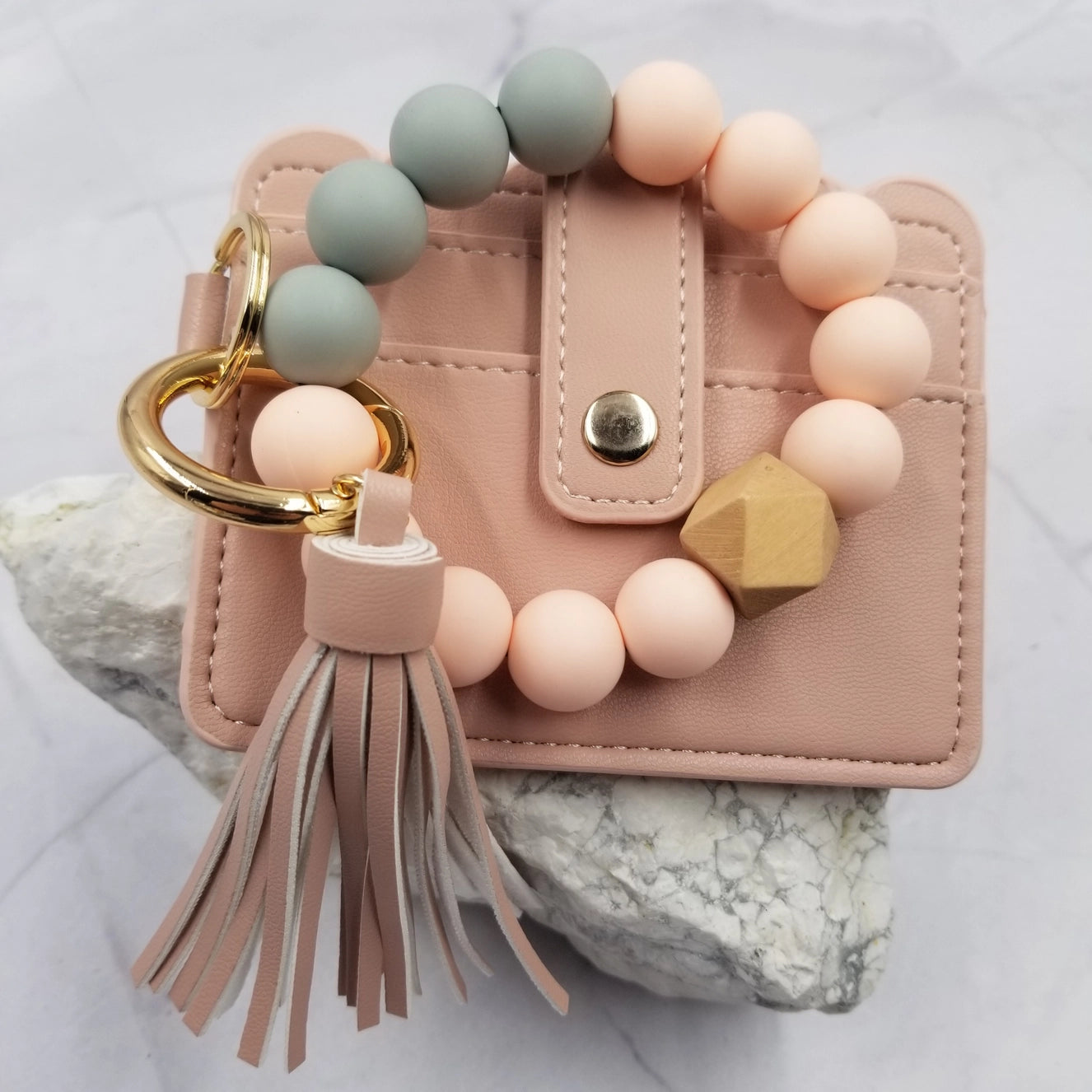 Pink Silicone Bead Bangle Keychain Card Holder Bracelet
