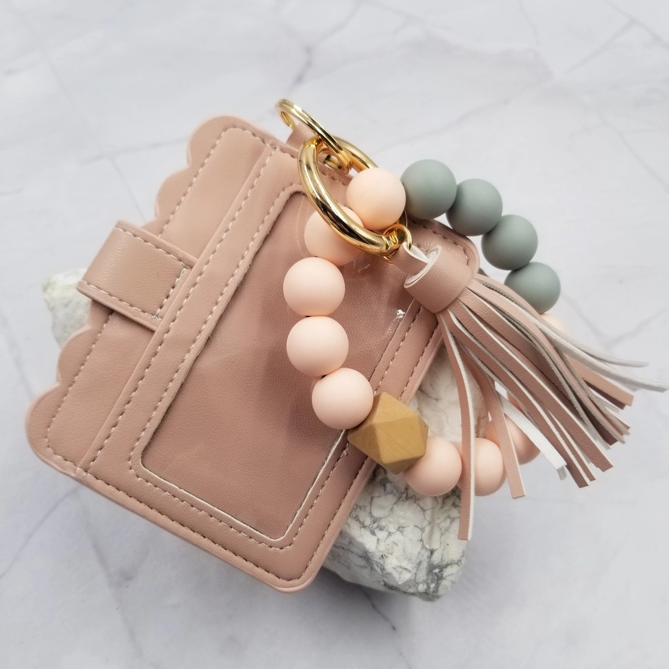 Pink Silicone Bead Bangle Keychain Card Holder Bracelet