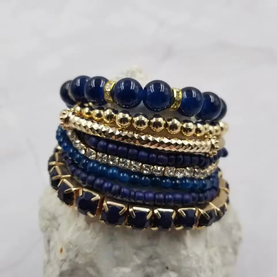 Blue Boho Glass Beaded Stack Bracelet - Set of 8