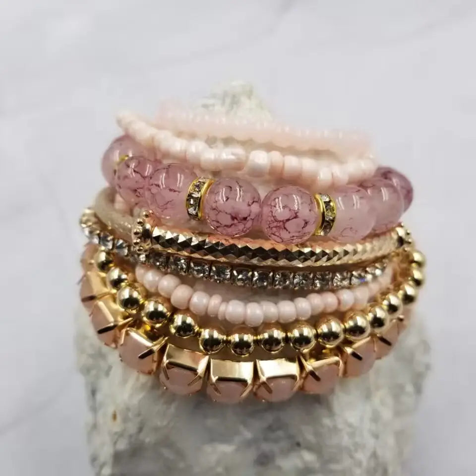 Pink Boho Glass Beaded Stack Bracelet - Set of 8