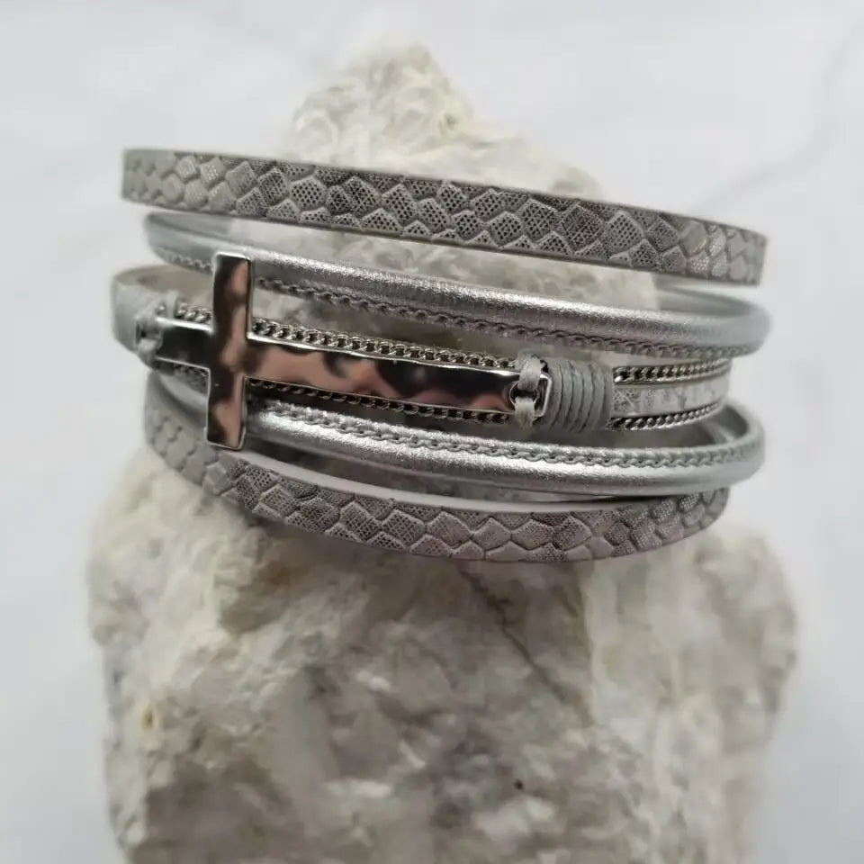 Cross Layered Leather Magnetic Bracelet- Silver
