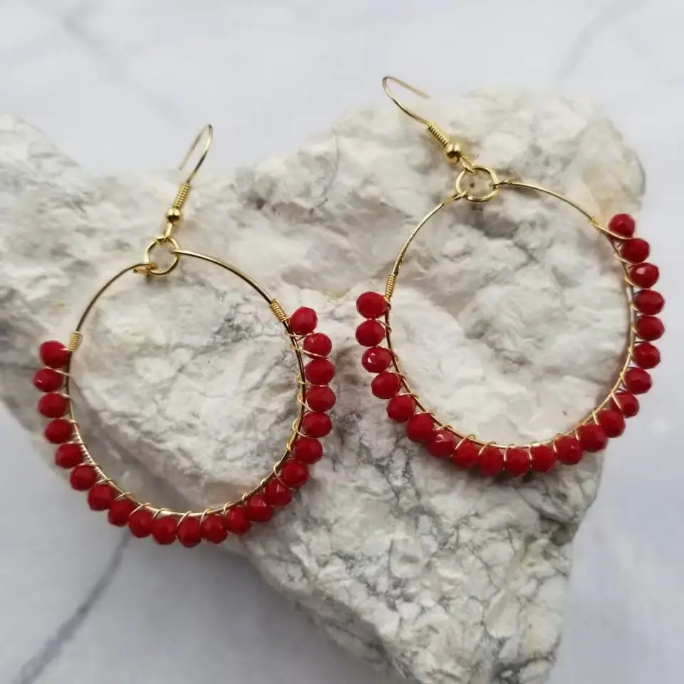 Handmade Wire Glass Beaded Earrings- Red