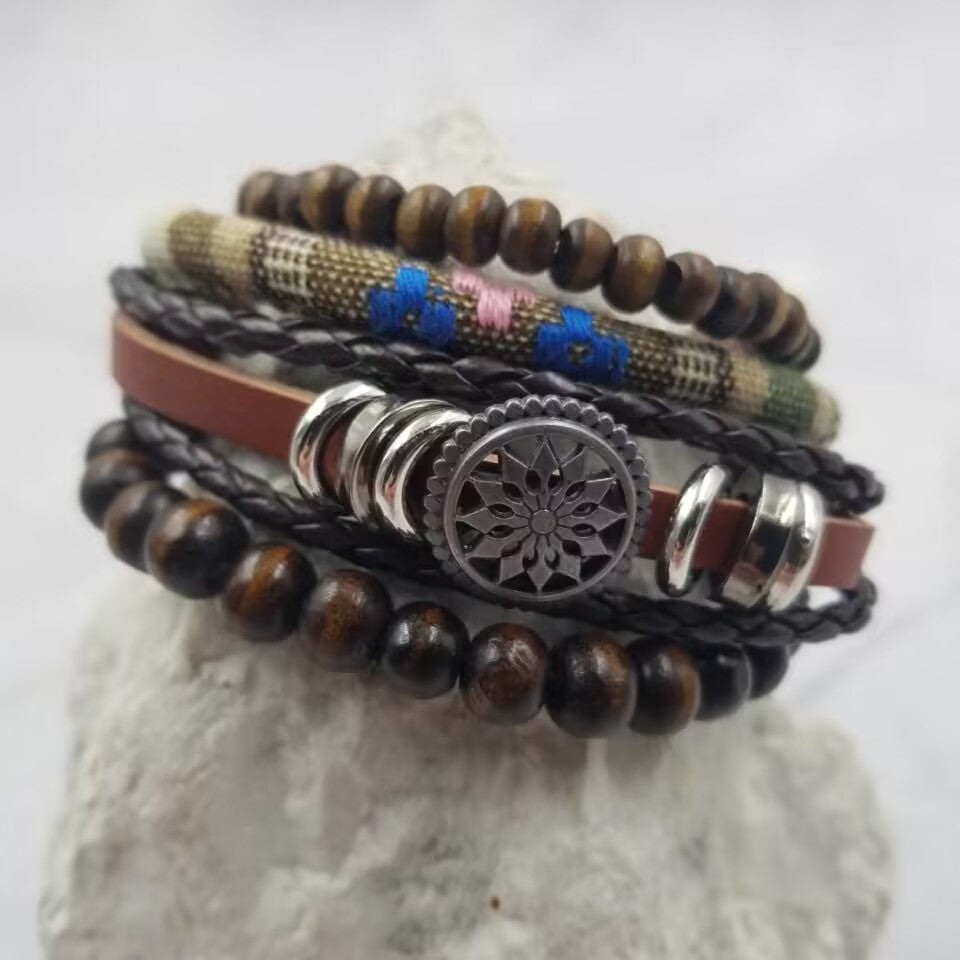 Wood Beads and Leather Bracelet Set