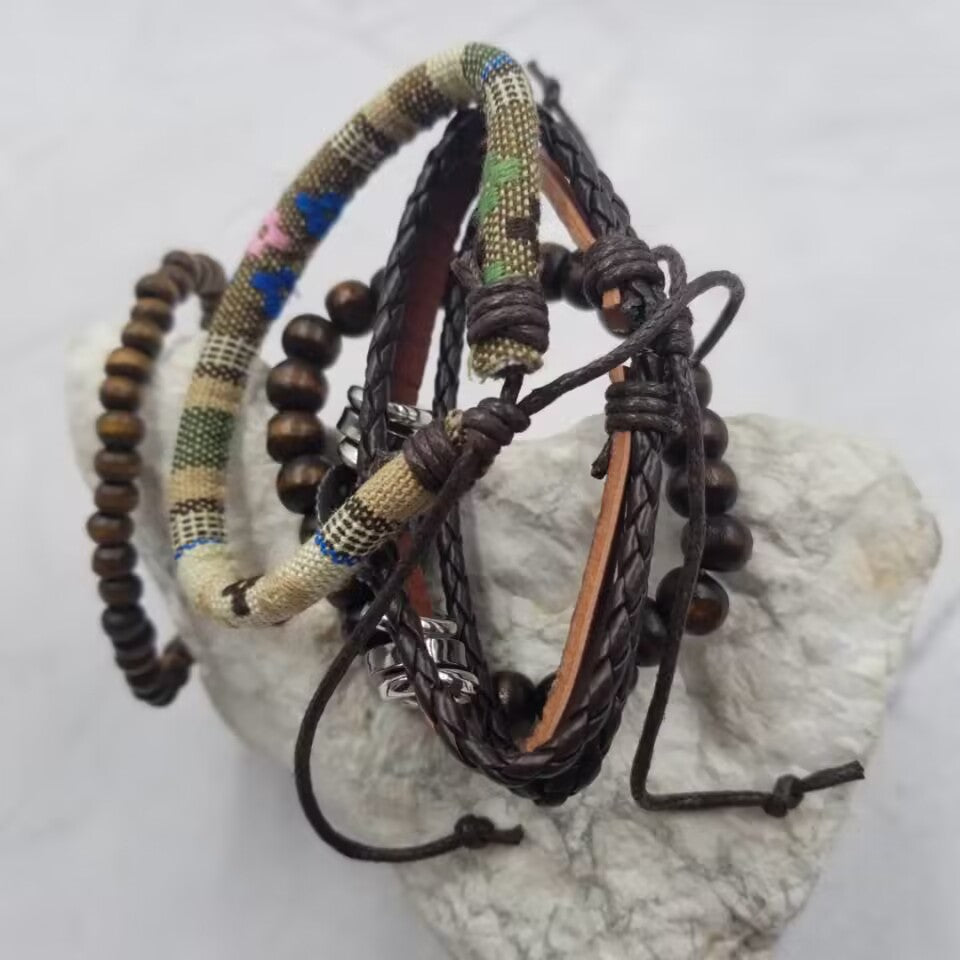 Wood Beads and Leather Bracelet Set