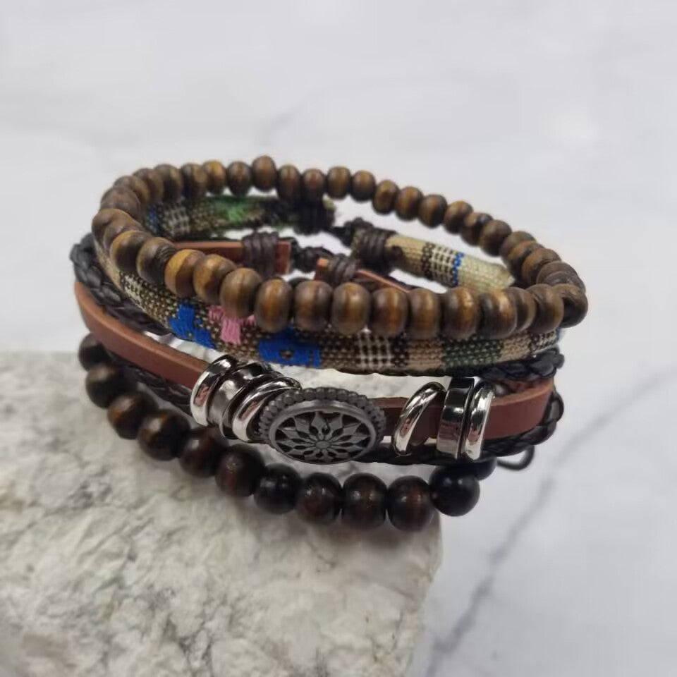 Wood Beads and Leather Bracelet Set