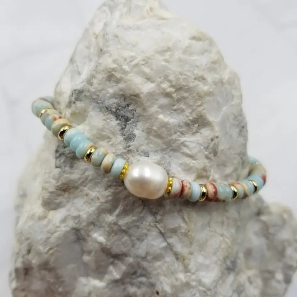 Gemstone Bead and Freshwater Pearl Bracelet