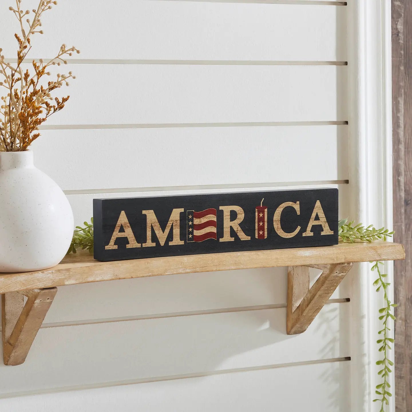 America Flag and Firecracker Mdf Block Sign