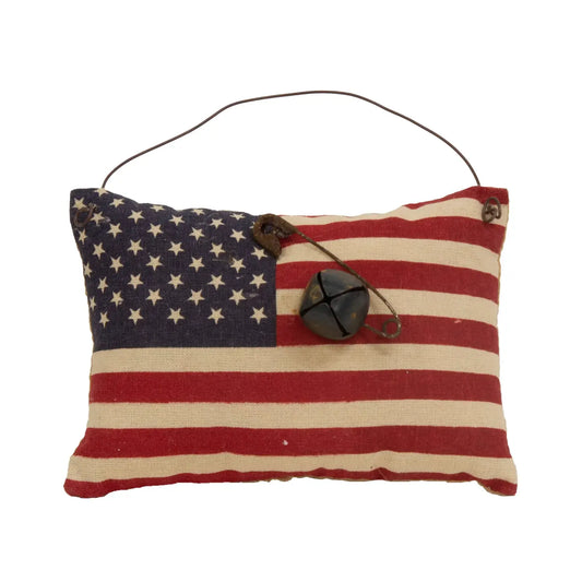 Stuffed Primitive American Flag Ornament W/Rusty Bell