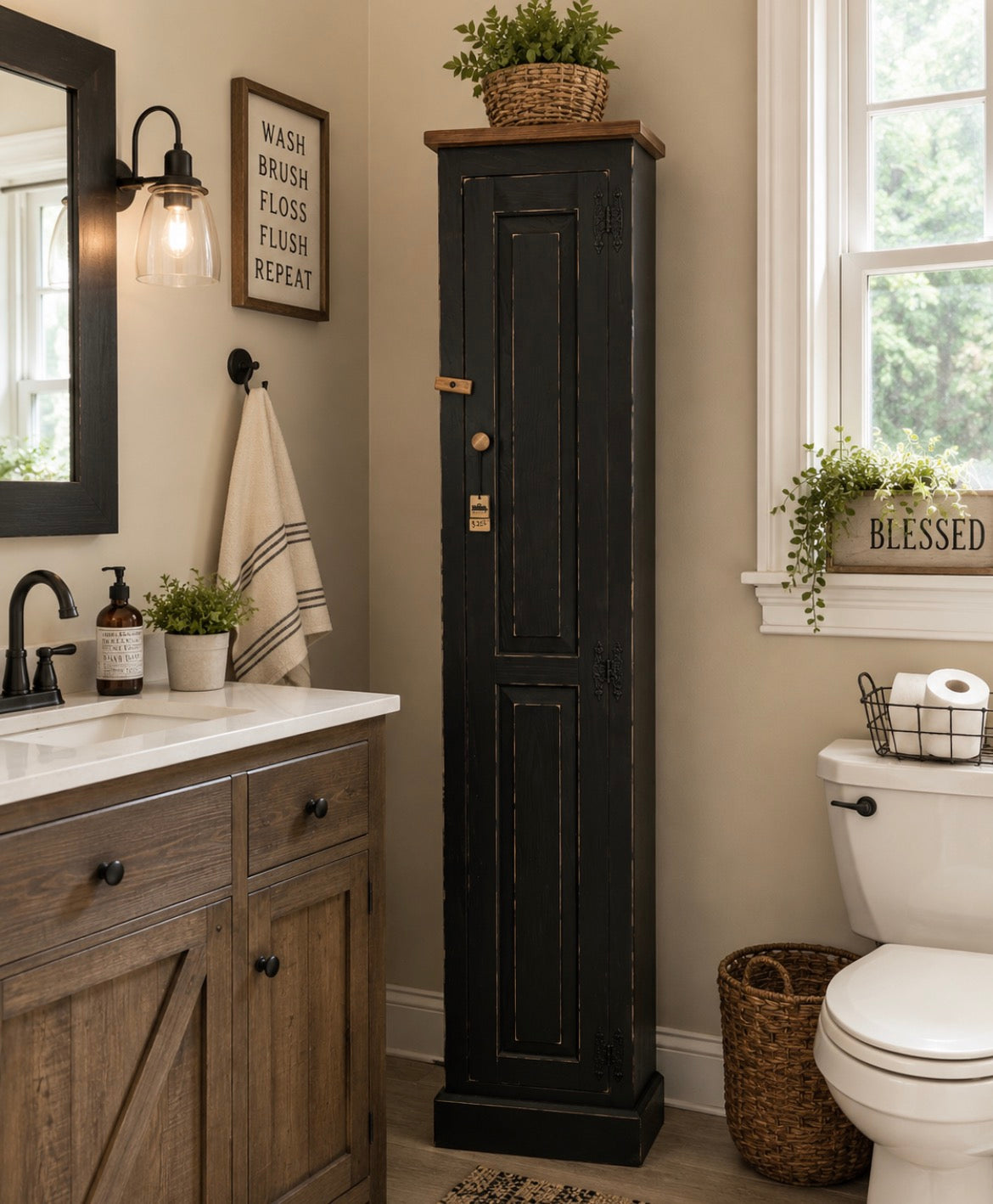 Amish Handcrafted Chimney Cabinet- Black distressed