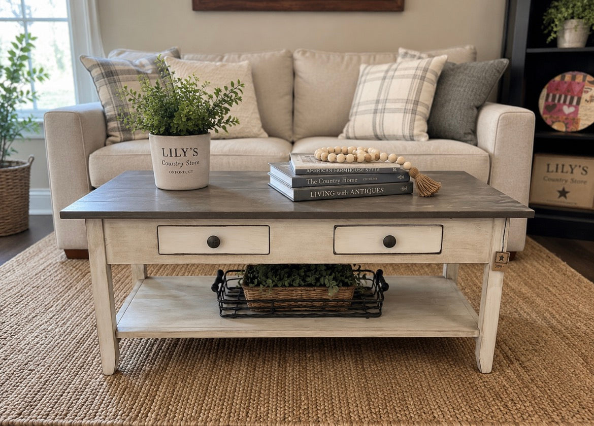 Amish-Made Coffee Table – Antique White with Antique Slate Top