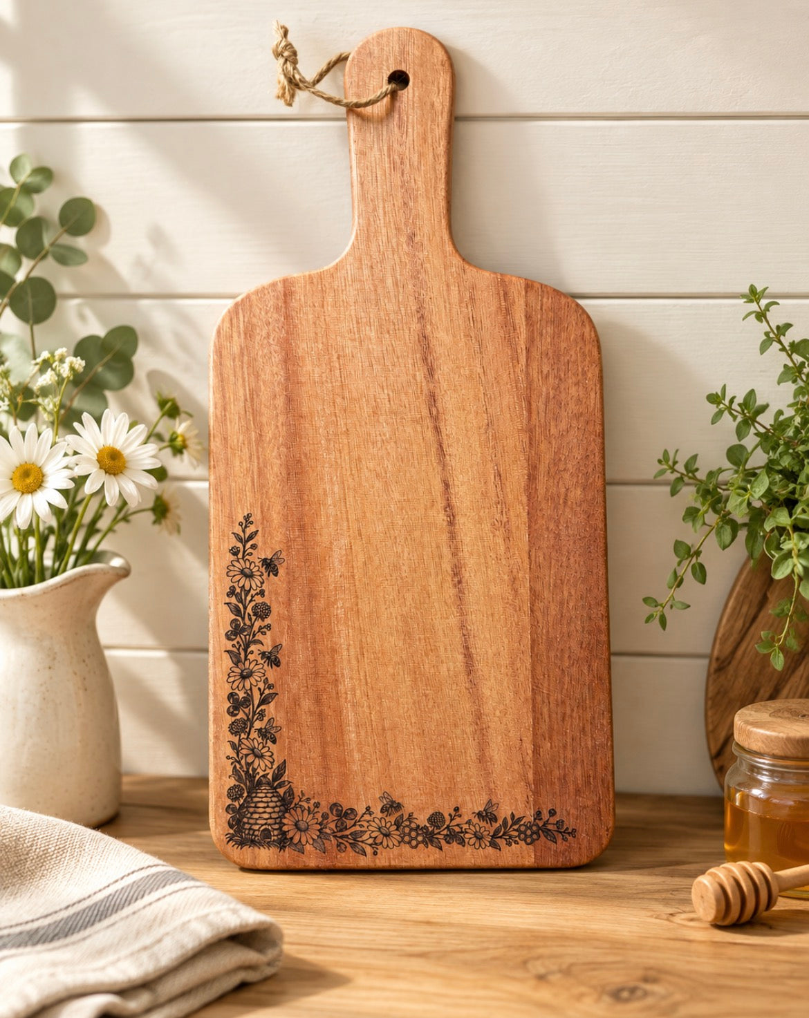 Honey Bee & Floral Engraved Cutting Board