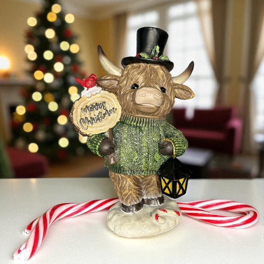 Resin Highland Cow Tabletop- Green sweater