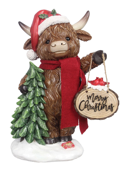 Resin Highland Cow Tabletop with Merry Christmas Sign
