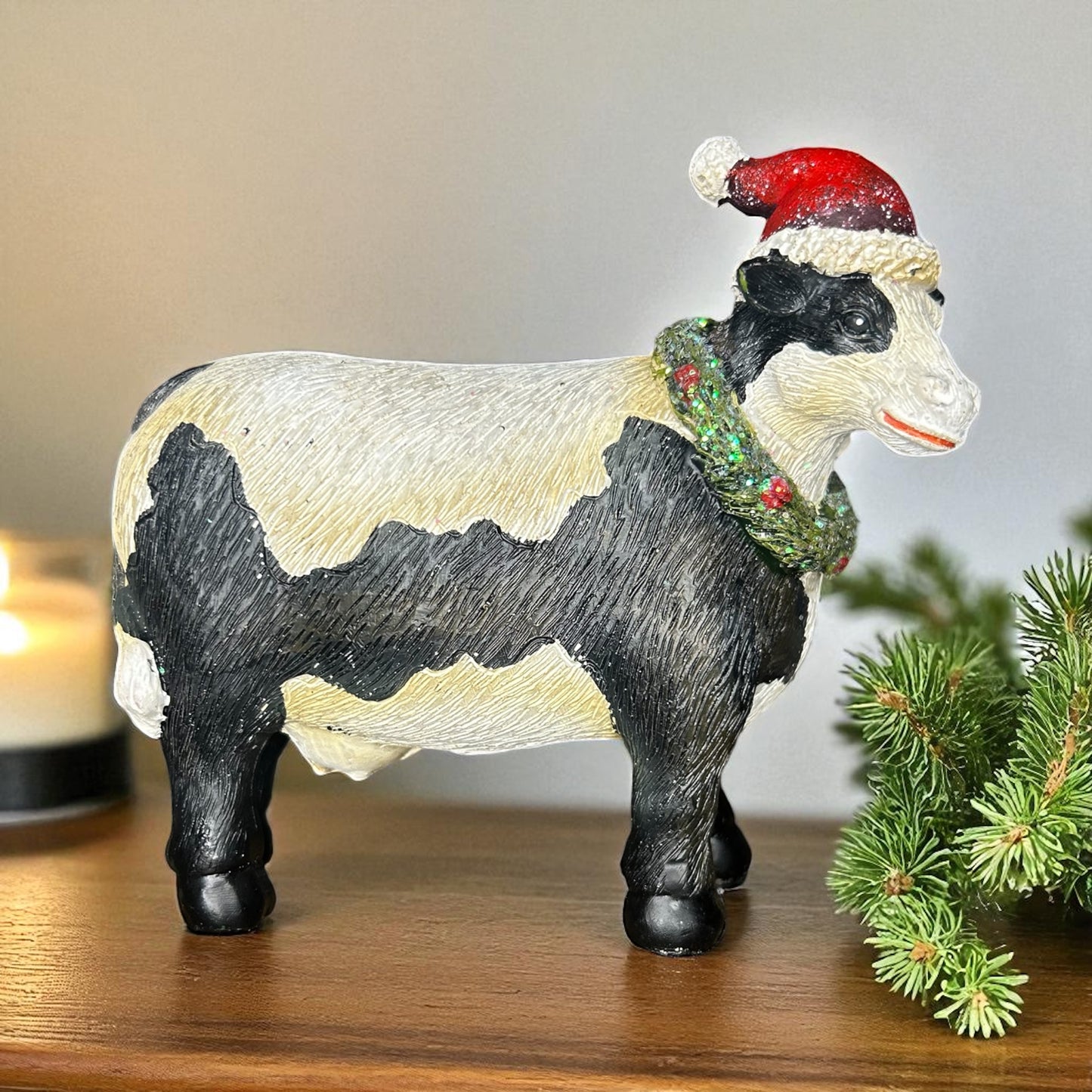 Resin Christmas Cow- Santa Hat