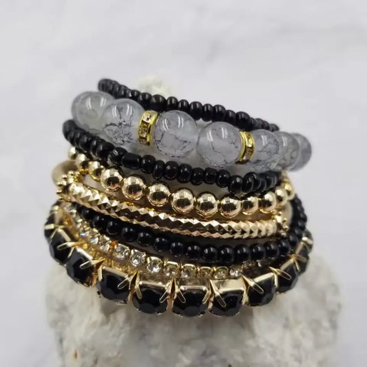 Black Boho Glass Beaded Stack Bracelet - Set of 8