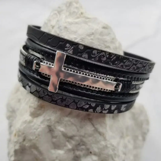 Cross Layered Leather Magnetic Bracelet- Black