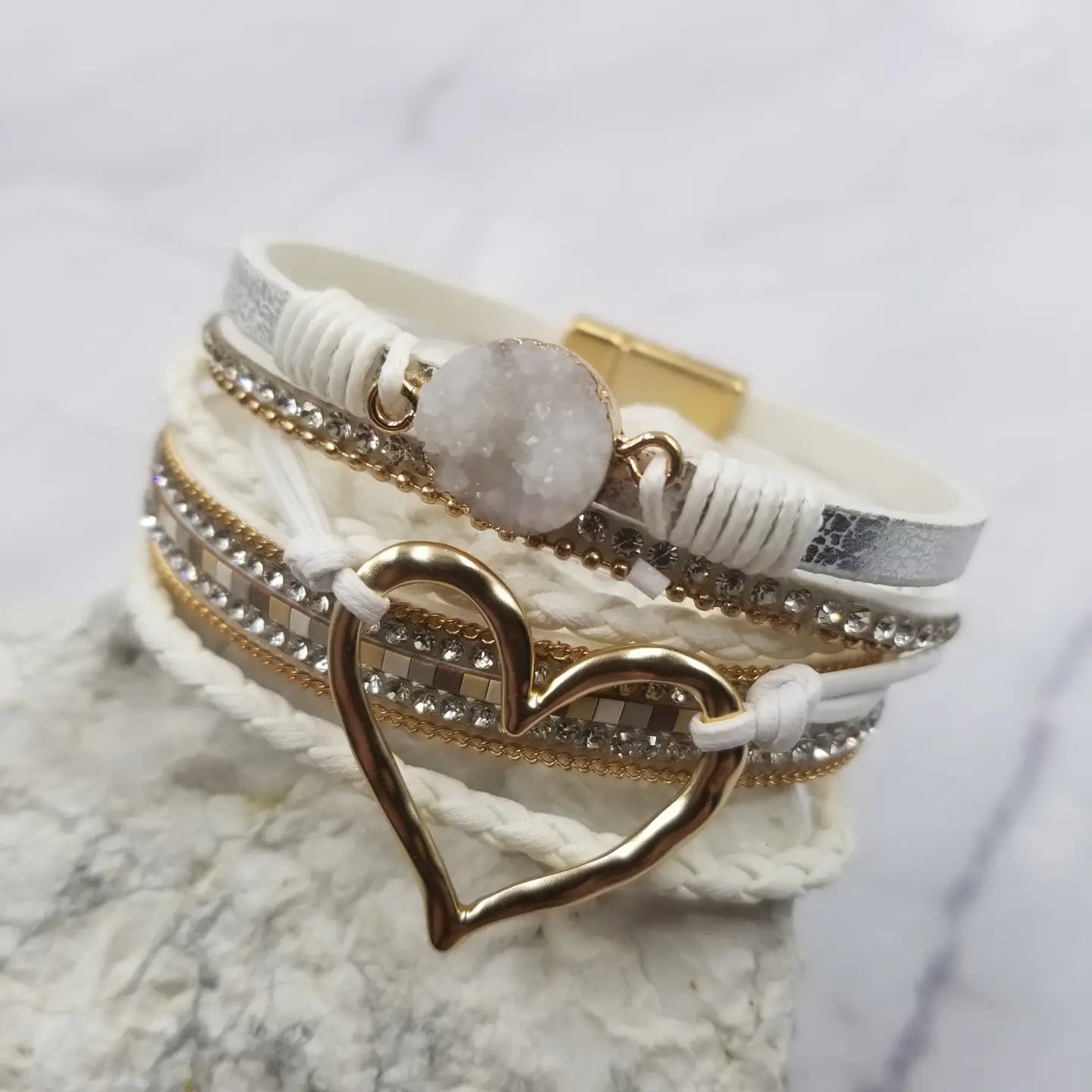 Heart with Crystal & Magnetic Snap Bracelet- White