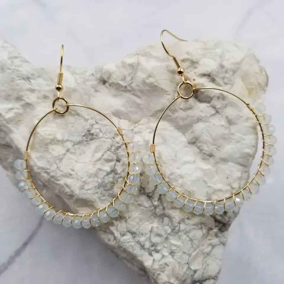 Handmade Wire Glass Beaded Earrings- White