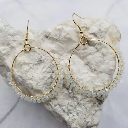 Handmade Wire Glass Beaded Earrings- White