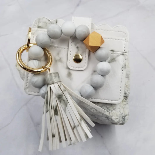 White Silicone Bead Bangle Keychain Card Holder Bracelet