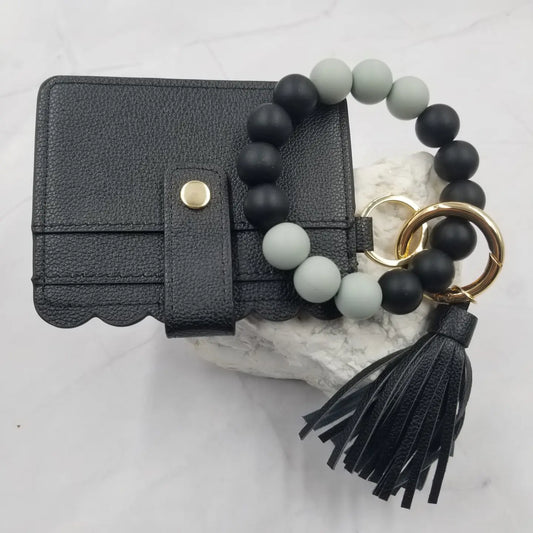 Silicone Bead Bangle Keychain Bracelet / Card Holder- Black