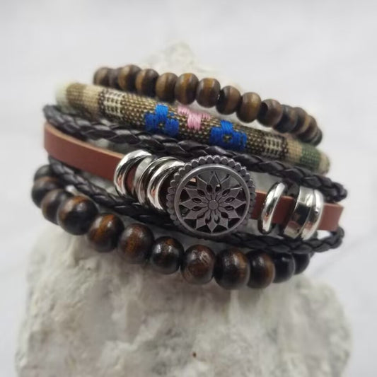 Wood Beads and Leather Bracelet Set