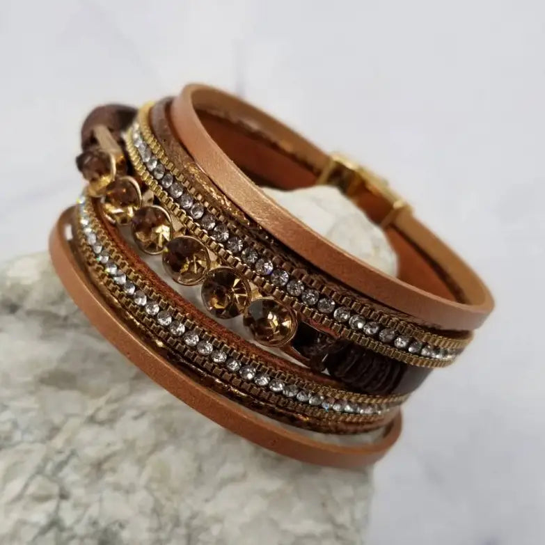 Sunset Rhinestone Layered Leather Magnetic Bracelet - Brown