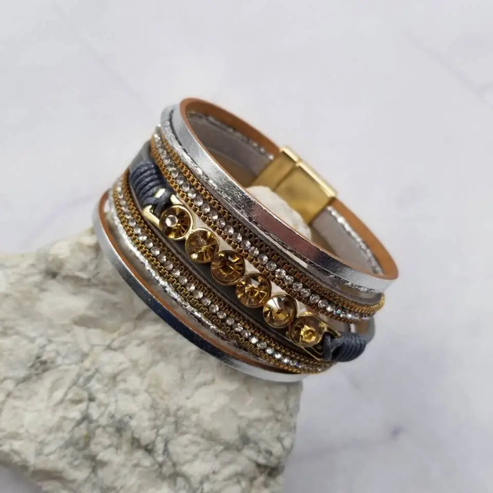 Sunset Rhinestone Layered Leather Magnetic Bracelet- Silver