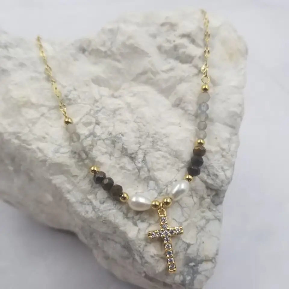 Gold Plated Cross Pearl Necklace