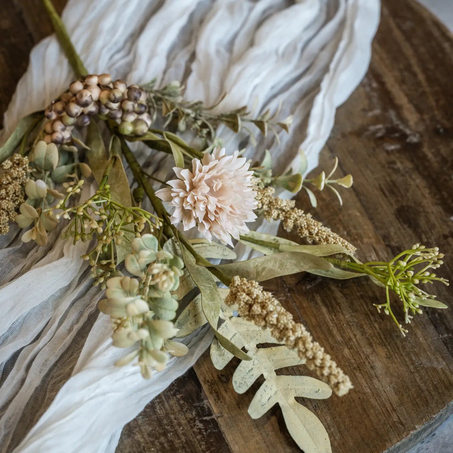 19" Cream Pom Pom & Foliage Spray