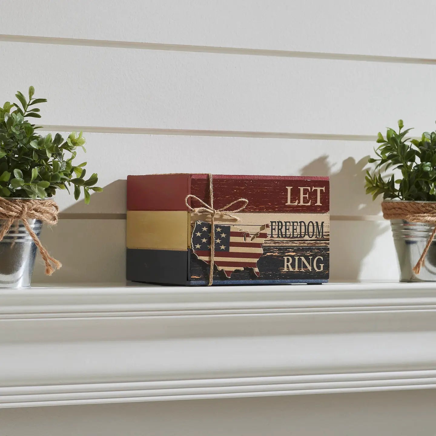 Let Freedom Ring Mdf Block Sign w/ American Map Ornament On Twine