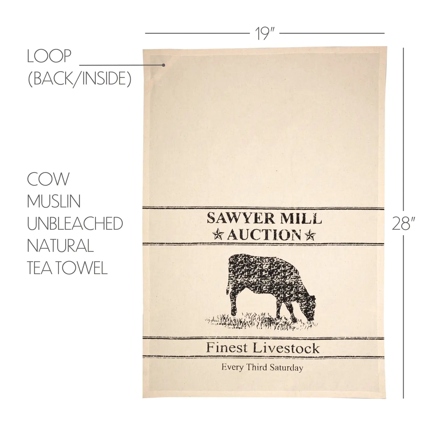 Sawyer Mill Charcoal Cow Muslin Unbleached Natural Tea Towel