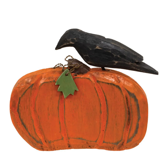 Distressed Carved Wooden Crow On Pumpkin