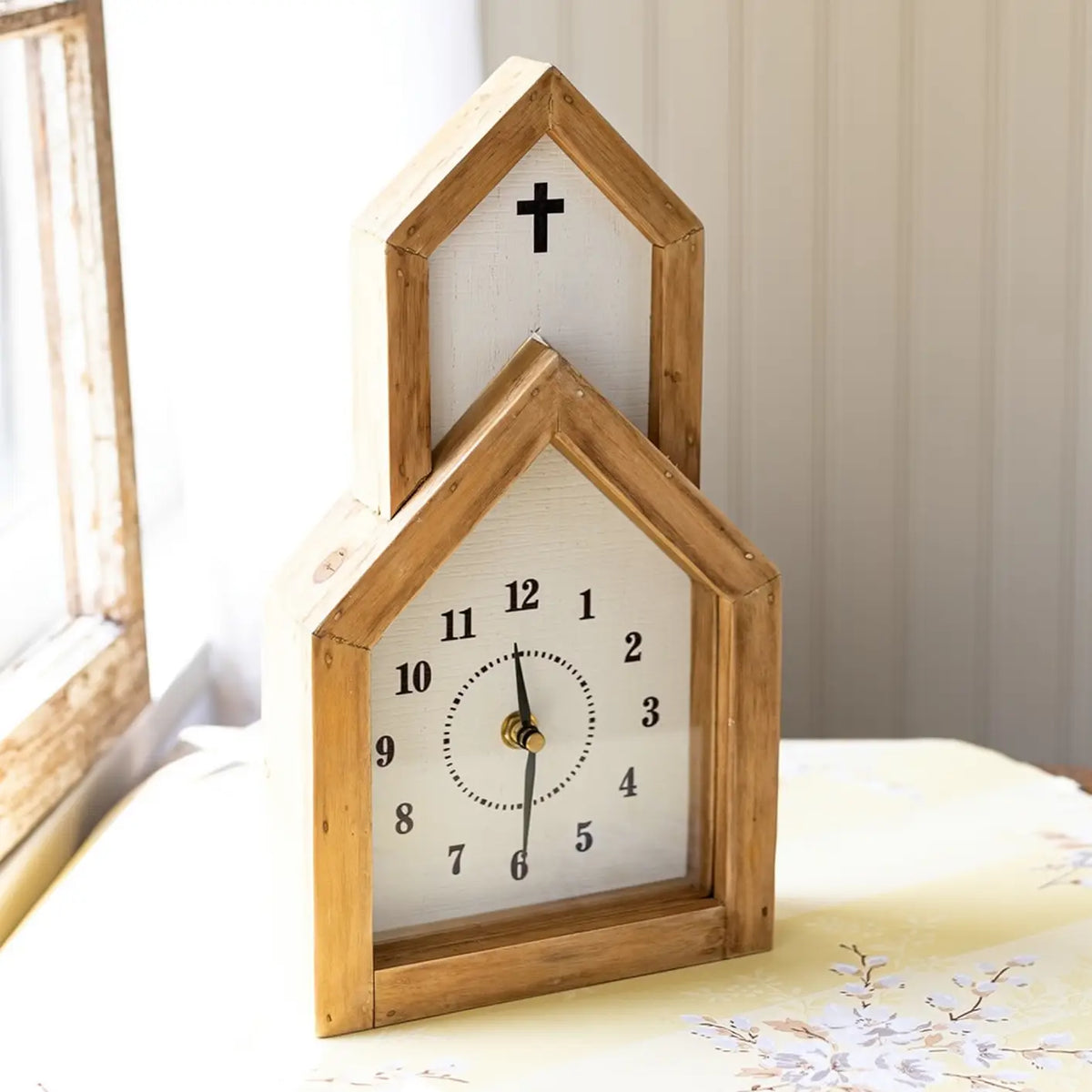 Church Tabletop Clock Wood with Steeple